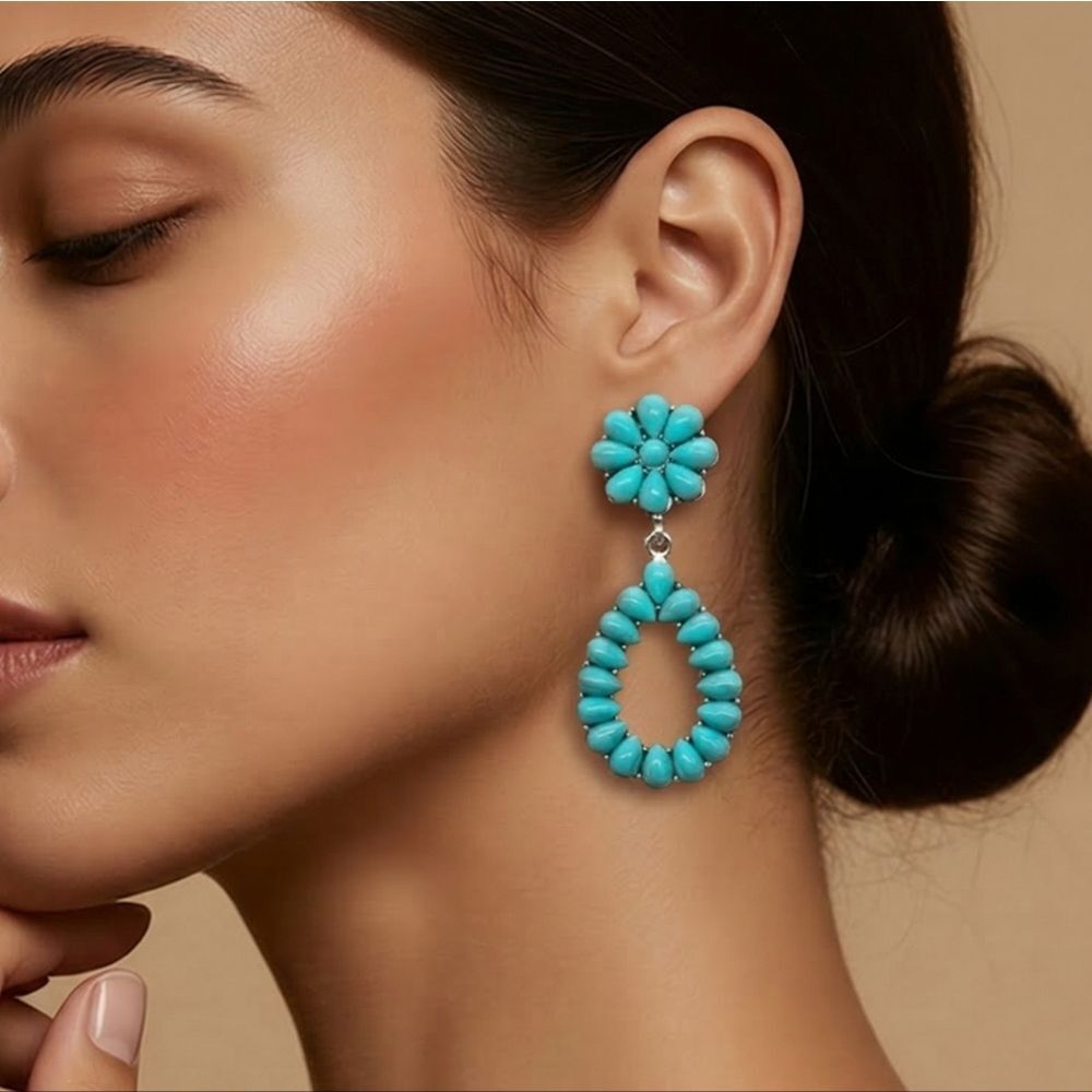 Western Turquoise Flower Dangle Earrings Tribal Southwestern Bohemian Jewelry